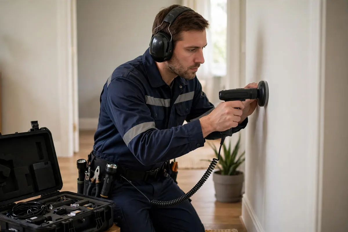 Technician using acoustic leak detection equipment in Perris, CA